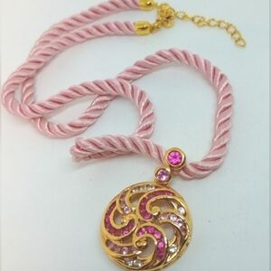 * Vintage HSN Vermeil Sterling Silver Pink Rhinestones on Braided Cord Necklace
